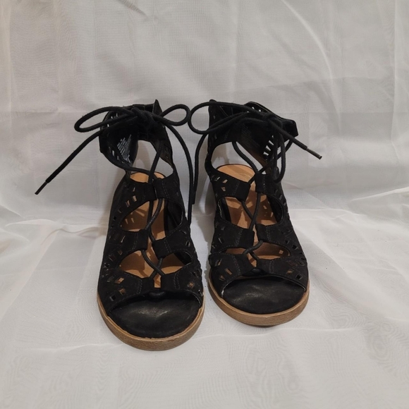 Boho Black Lace Up Gladiator Chunky Sandals - Picture 3 of 4